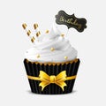 Sweet cupcake with white icing on a white background. Tag with the inscription Birthday. Vector Royalty Free Stock Photo